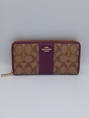 Coach Park Signature Accordion Zip Around Khaki/Purple Wallet